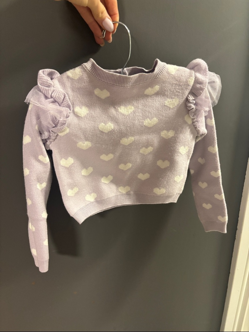 George Lavender Knit Sweater with White Heart Pattern and Ruffle Shoulders